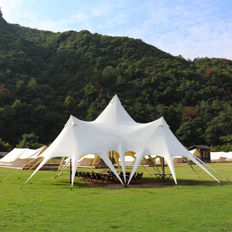 Waterproof Canvas Lotus Tipi Tent Wood Pole Glamping Tent Outdoor Resort Camping Wedding Event Custom Design