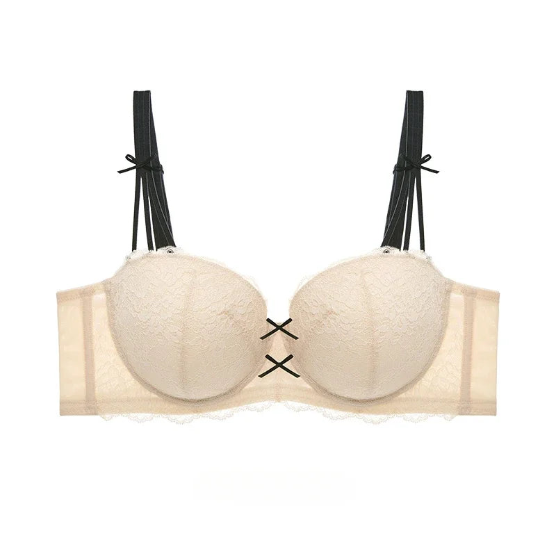 Half Cup Hot Bra Gathered Bowknot Brassiere Thin Large Size Push Up Lace Tube Top Lace Big Chest Revealing Small Lace Bra 9013A