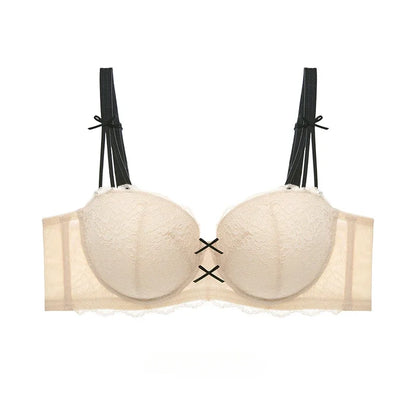 Half Cup Hot Bra Gathered Bowknot Brassiere Thin Large Size Push Up Lace Tube Top Lace Big Chest Revealing Small Lace Bra 9013A