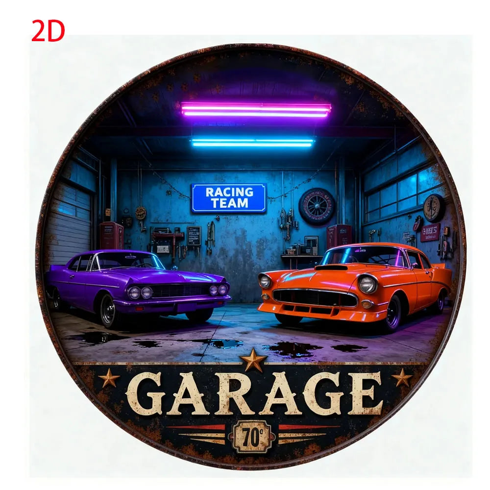 Vintage Retro Garage Aluminum Round Wall Plaque: 2D Flat Metal Sign with Classic Cars & Tools Design – for Bars, Cafes,