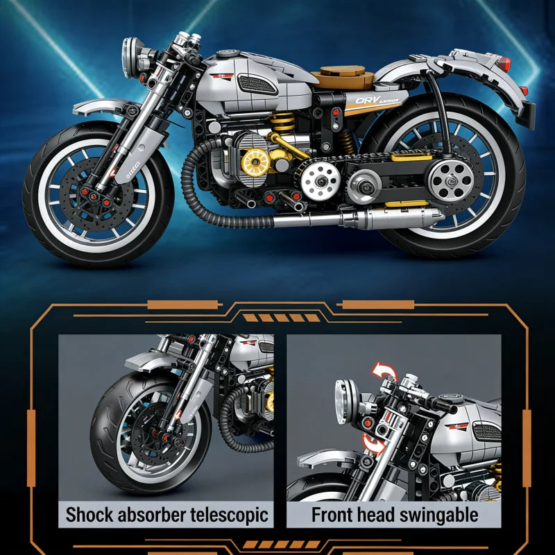 Mechanical Retro Trike Motorcycle Building Blocks Set, 3-Wheel Motorbike Model Kit with Realistic Engine & Chain Drive, Collecti