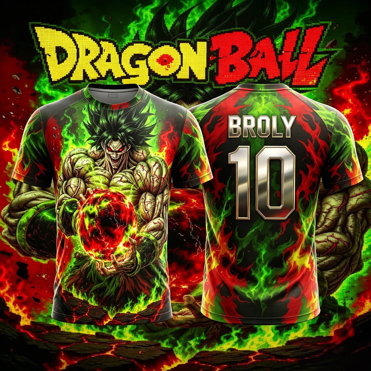 Dragon Ball Super Broly No7 Red Green Flame Energy Ball Print Men Soccer Jersey Quick Dry Anime Breathable Sports T-Shirt