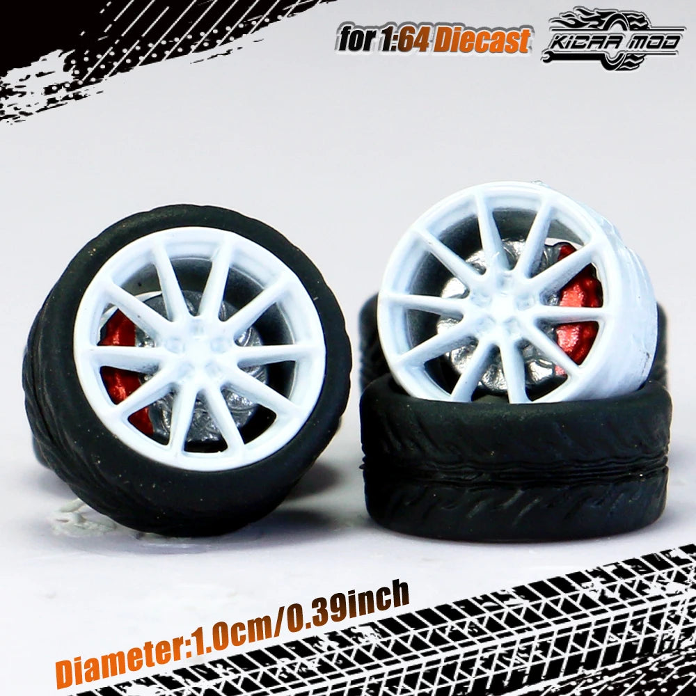 Kicarmod 1/64 Model Car ABS Wheels with Rubber Tire Brake Disc Refitting Parts Diameter 10mm For Model Car Tomica