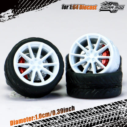 Kicarmod 1/64 Model Car ABS Wheels with Rubber Tire Brake Disc Refitting Parts Diameter 10mm For Model Car Tomica
