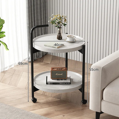 Nordic Style Rolling Side Table Multifunctional Double-Layer Coffee Table with Wheels Hardwood Side Table Movable Small Table
