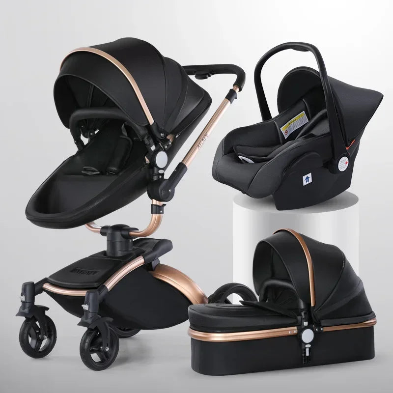 Baby Stroller 3in1 Two-way High Landscape Baby Carriage PU Leather Foldable Shock-absorbing Eggshell Stroller 2in1