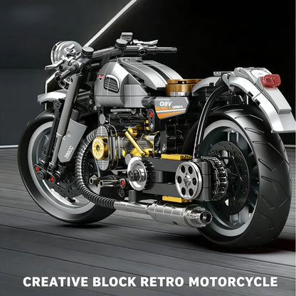 Mechanical Retro Trike Motorcycle Building Blocks Set, 3-Wheel Motorbike Model Kit with Realistic Engine & Chain Drive, Collecti