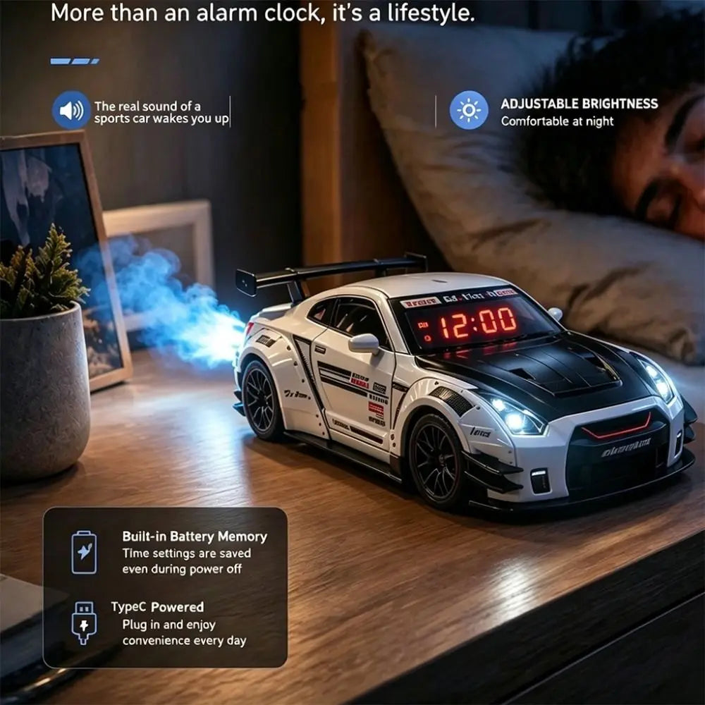 Rechargeable Hypercar Alarm Clock LED Display Alloy Body Sports Car Alarm Clock Spray Effect Water Addable Supercar Alarm Clock