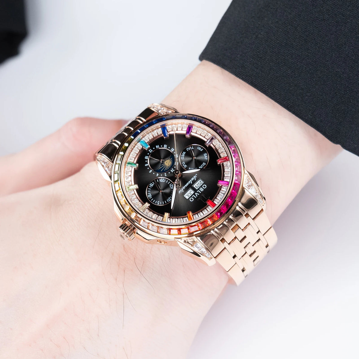OBLVLO Men's Multifunctional Mechanical Watch with Colorful Zircon Moonphase Elegant Rose Gold Bracelet Band GCM-MUT