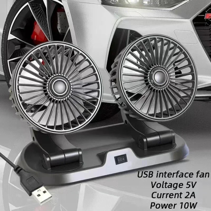 Multi-Voltage Car Fan | Dual Head USB Cooler | 2-Speed Adjustable | Auto Air Ventilation | 5V/12V/24V Compatible