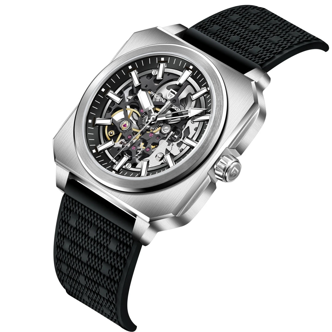 PAGANI DESIGN Sports Square Men's Mechanical Automatic Watch, Waterproof Skeleton Retro Leather Outdoor Sports Luminous Gift Men