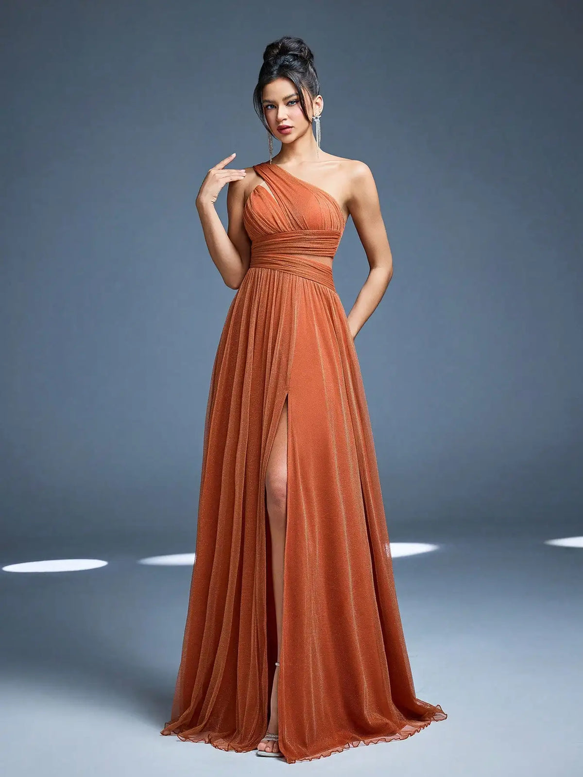 One Shoulder Solid Color Brides maid Dress perspective High slit Mesh Long dress
