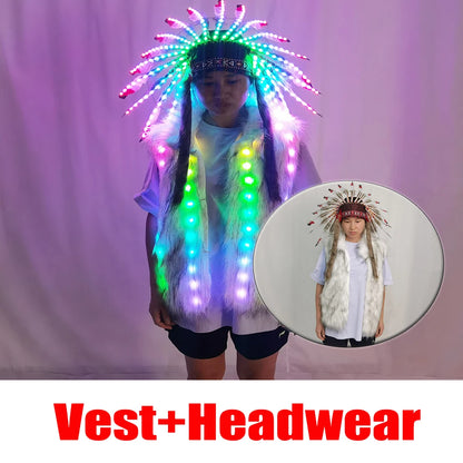 Full Color LED Light up Fur Vest Jacket with Indian Headdress - Performance Outfit for Night Events