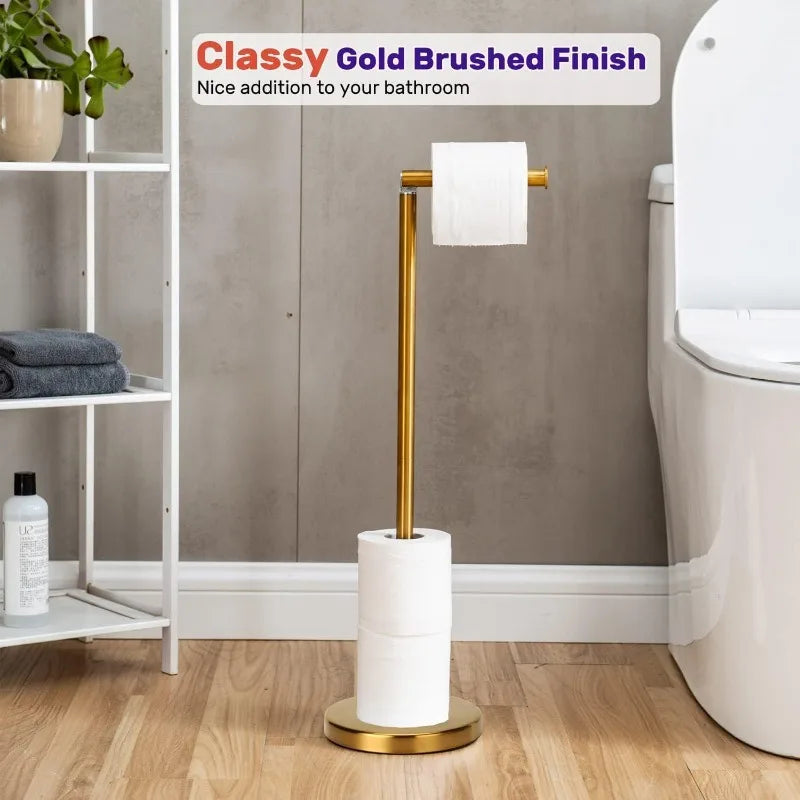 Toilet Paper Holder Gold, Freestanding Toilet Paper Holder Stand with Reserve for 4 Spare Rolls, Sturdy Base