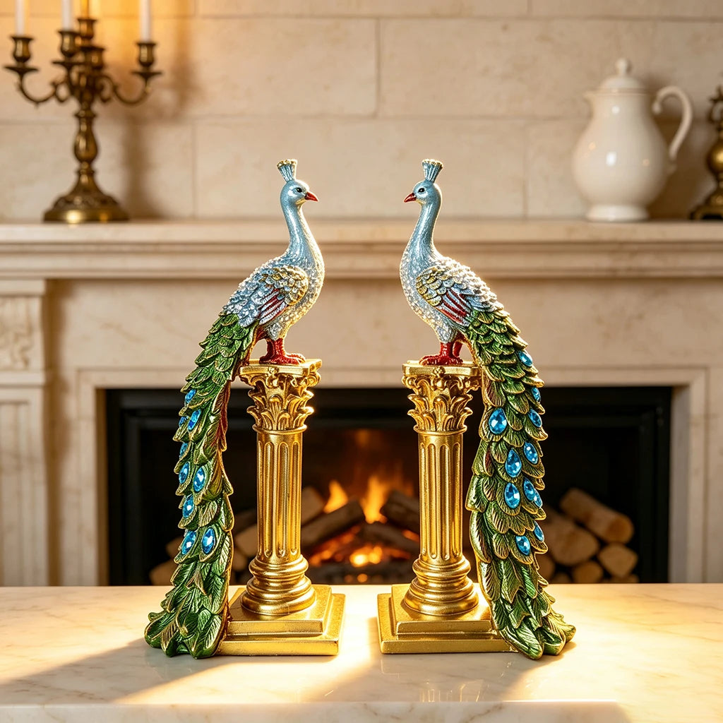 Luxury Couple Peacock Statue Resin Sculpture Gold Column Bird Figurine Home Decor Elegant Living Room Desk Ornament Gift
