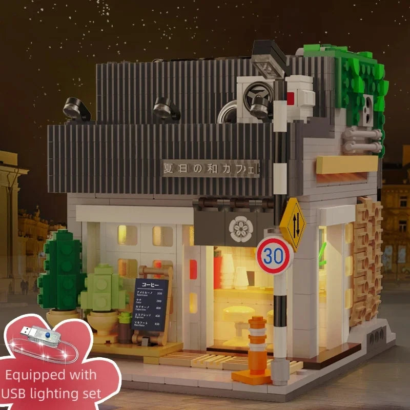 Cada Japanese Sushi HouseBricks Shop LED Japanese Steamed Bun House Building Blocks Summer Cafe Cada Toy Street View Series Set