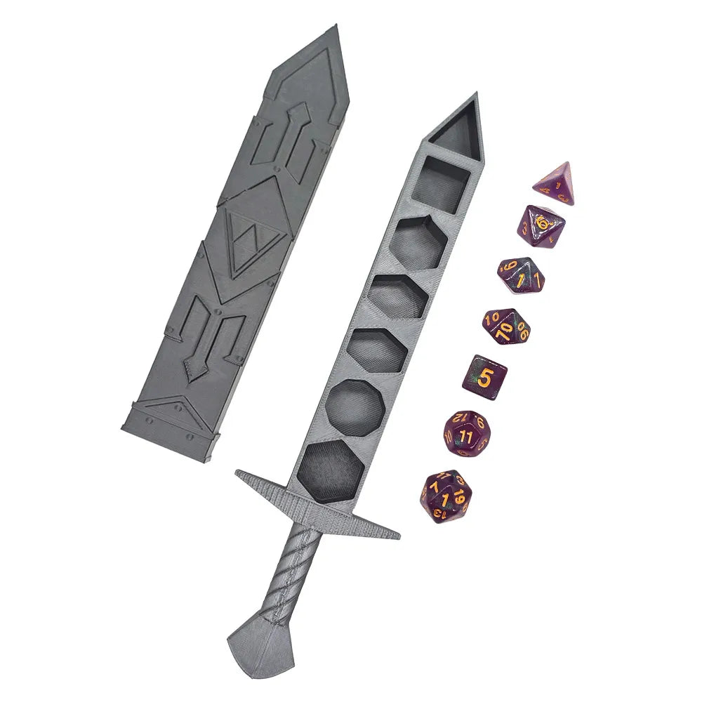 Creative Silvery Sword-shaped Storage Box with 7Pcs DND Dices Set Portable RPG TRPG Games Dice Role Playing Games Accessories