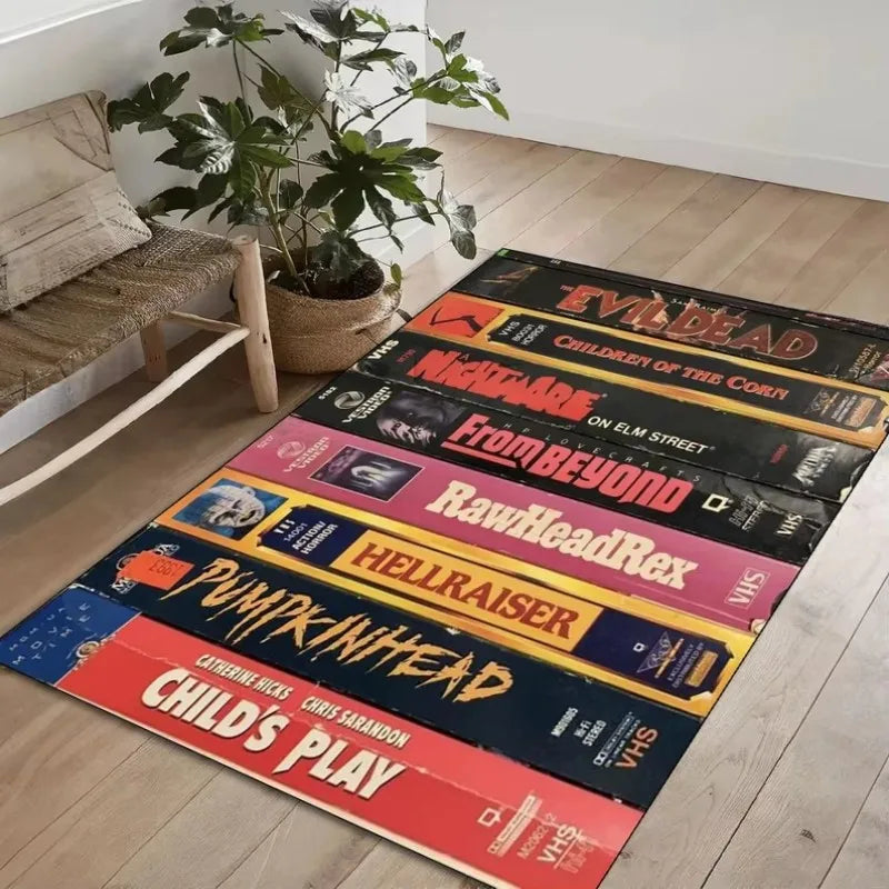 VIKAMA Classic Retro Horror VHS Tape Area Rug, Distressed and Machine-Washable Floor Mat, Living Room Rug, Home Decor