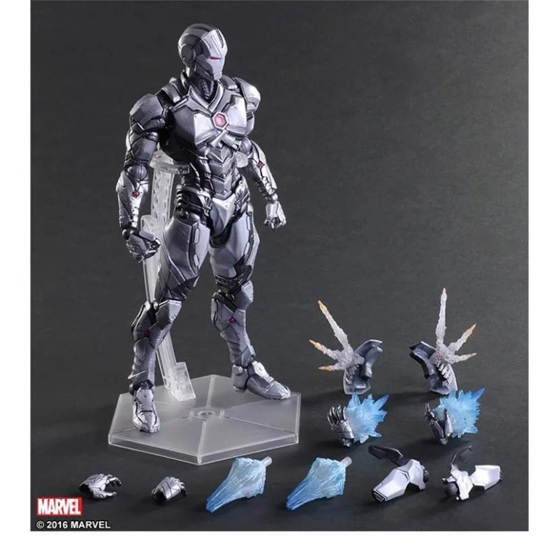 Iron Man, War Machine, Spider-Man, Captain America, Black Panther. Marvel action figures.