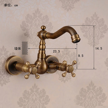 Wall Mounted Two Handles Antique Brass Finish Kitchen Sink Bathroom Basin Faucet Mixer Tap GZ8118