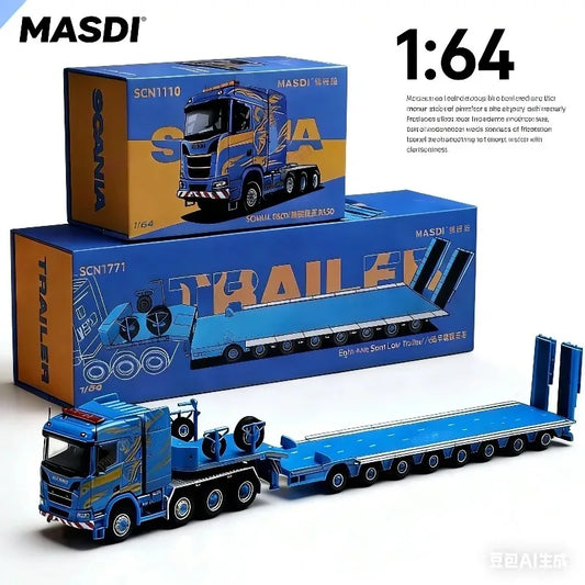 MASDI 1:64 Scania R650 trailer set - alloy car model flatbed transport vehicle, boys' holiday gift toy collection display item.
