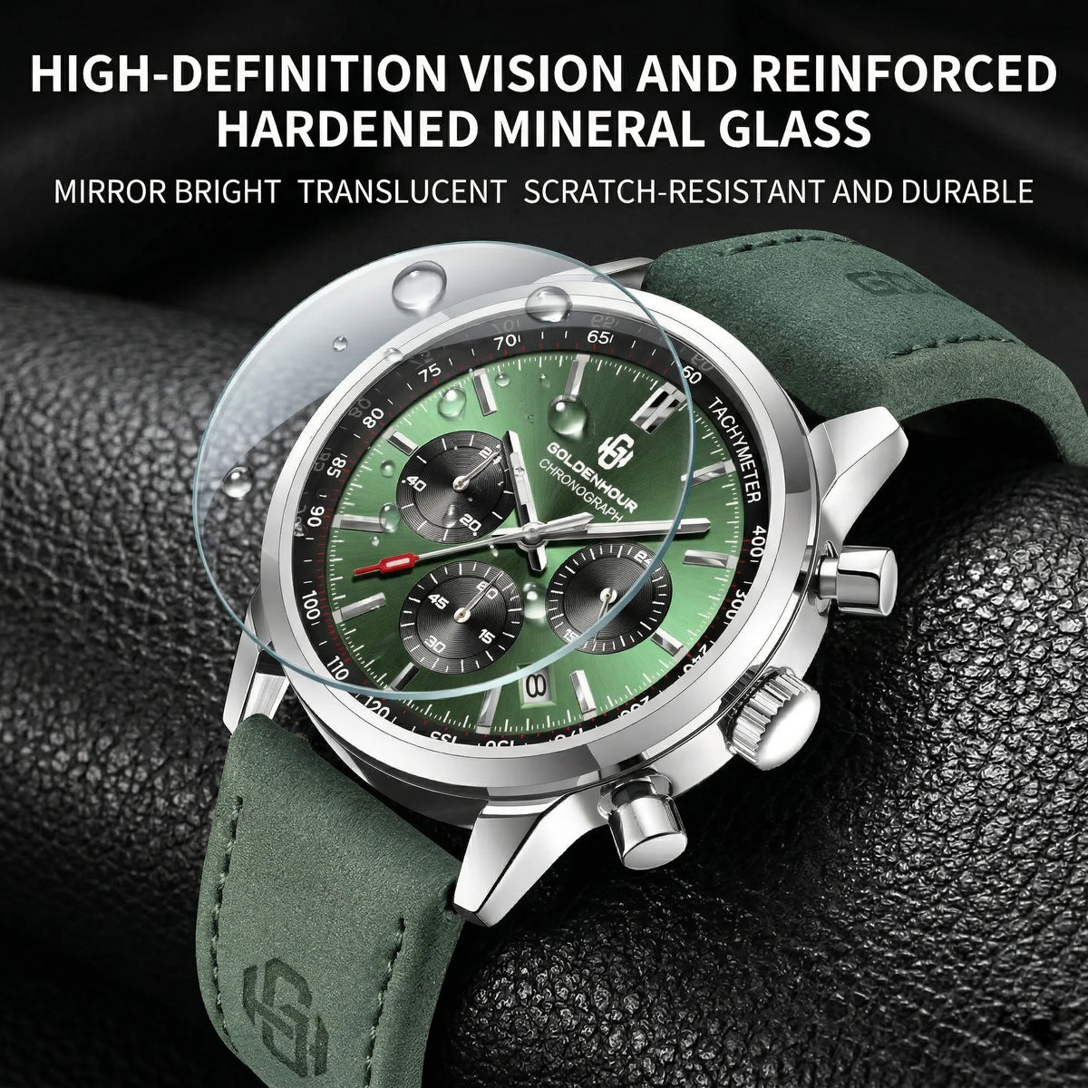 Men's Luxury Watch GOLDENHOUR Green Chronograph Quartz Leather Waterproof Luminous Military Sport Wristwatch Relogio Masculino