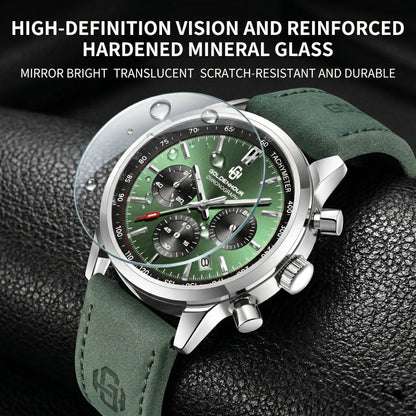 Men's Luxury Watch GOLDENHOUR Green Chronograph Quartz Leather Waterproof Luminous Military Sport Wristwatch Relogio Masculino