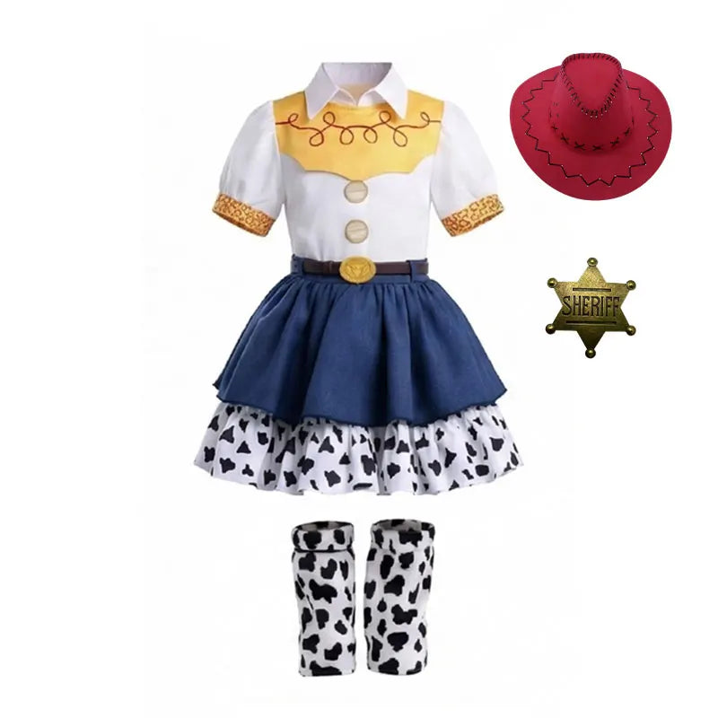 2026 Cool Girl Western Cowgirl Suit Double Layer Cow Print Skirt With Leg Warmers Kid Toy Party Movie Costume Fancy Jessie Dress