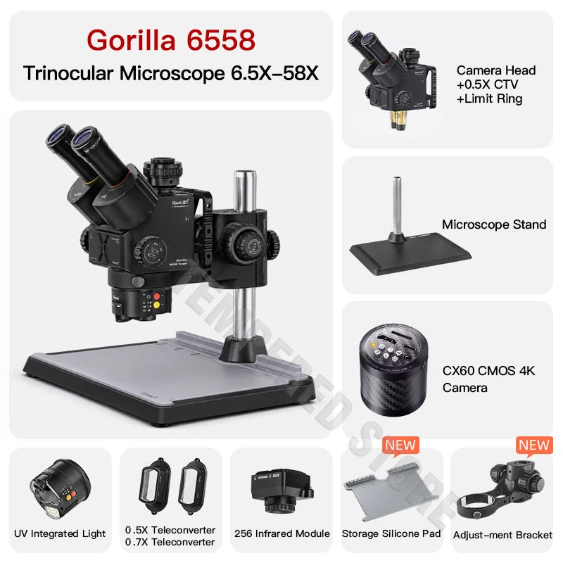 Qianli Gorilla 6558 Trinocular Microscope 6.5X-58X Zoom Industrial Thermal 4K Camera For Mobile Phones Motherboard Repair Tools