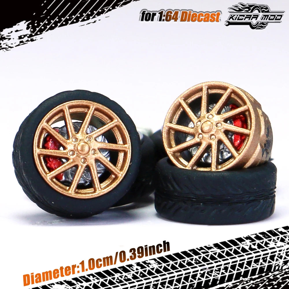 Kicarmod 1/64 Model Car ABS Wheels with Rubber Tire Brake Disc Refitting Parts Diameter 10mm For Model Car Tomica