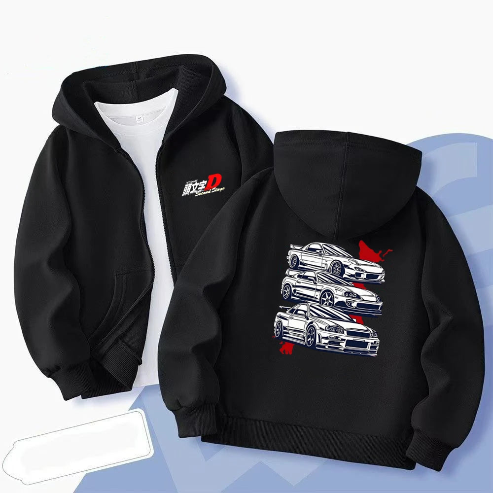 Children Age 3-12 Hoodies Zipper Cardigan Tops Boy Black Girls Pink Leisure Coat Long Sleeve Hooded Japanese Manga Racing Movie
