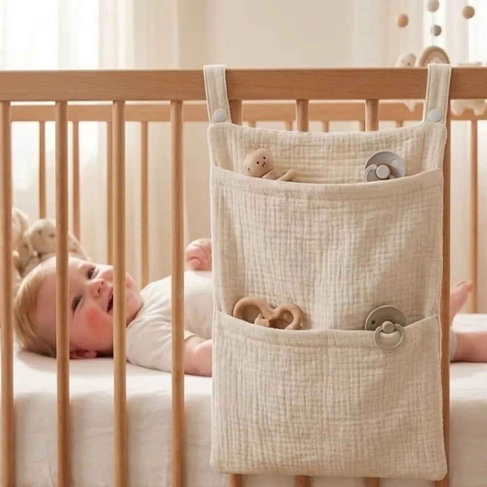Pure Cotton Baby Crib Hanging Bag Large Capacity Solid Color Stroller Storage Bag Multifunctional 2 Pockets Diapers Organizer