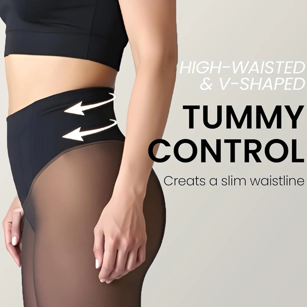 One Seam Fleece Lined Leggings Compression Band Shaping Tights Sheer Warm Stocking Skin Tone Pantyhose Plus Size