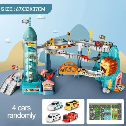 Electric Rail Car Dinosaur Building Parking Lot Adventure Racing Rail Car Toys Children Brain Mechanical Interactive Rail Cars