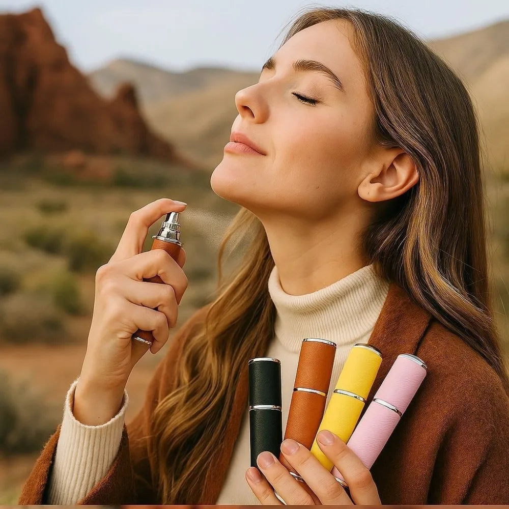 10ml Mini Perfume Bottle PU Leather Essential Oil Alcohol Spray Rotating Bottle Refillable Spray Atomizer Bottle