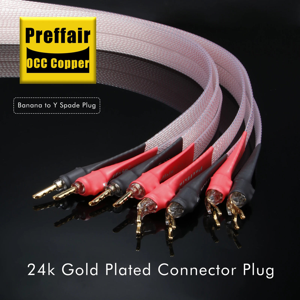 Hifi OCC Speaker Cable Flat Belt Speaker Cable with 90 Degree Banana Y Plugs Cable for Speaker Amplifier