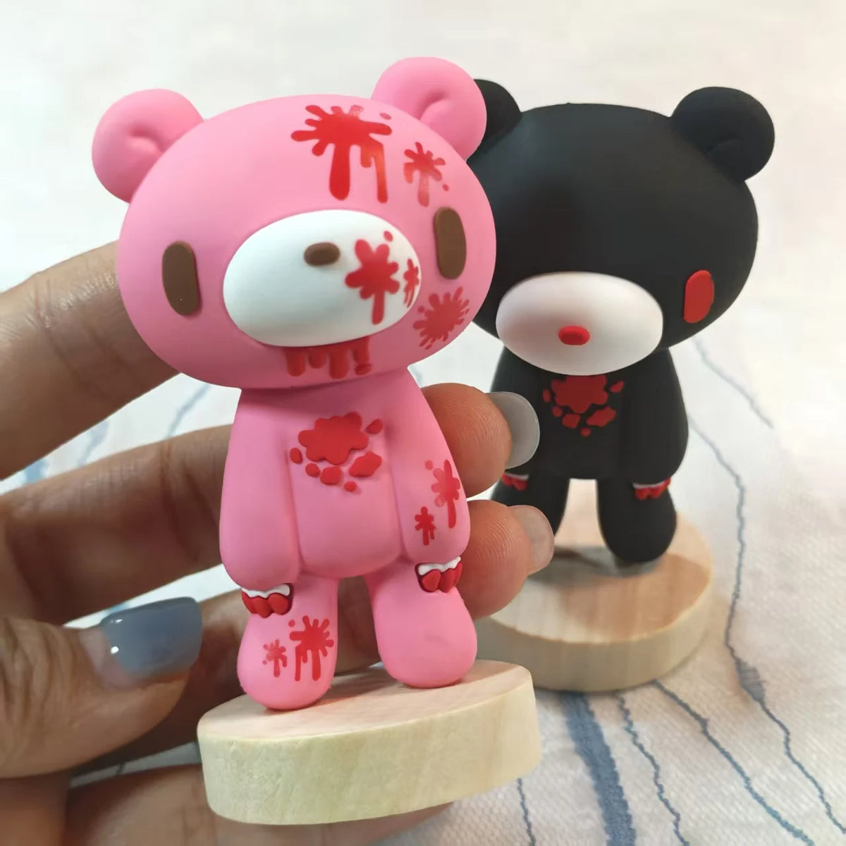 Edgy Bloody Bear Figurines - Pink & black cute-dark designs, ideal for gothic/alternative decor.