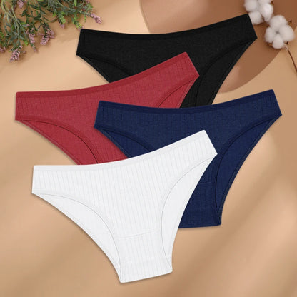 4Pcs/Set Cotton Panties Women Striped Solid Color Briefs Sexy Low-Waist Breathable Underpants Ladies Soft Stretch Lingerie M-XL