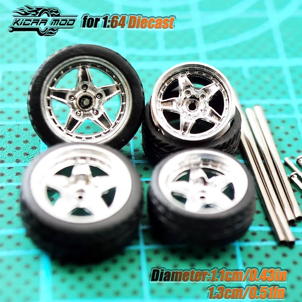 Kicarmod 1/64 Model Car ABS Wheels with Rubber Tire Metal Rims Front Small Rear Large Refitting Parts For Model Car