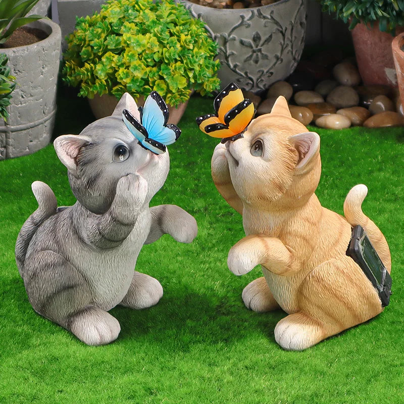Cute Resin Cat Sculpture with Butterfly Solar Light Garden Courtyard Terrace Lawn Decorative Statue Lamp Ornament