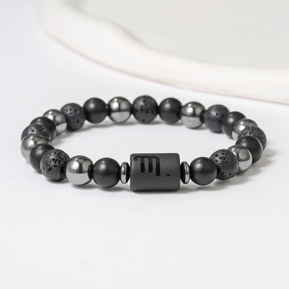 New Arrival 12 Zodiac Energy Bracelet Natural Volcanic Stone Black Retro Handmade Couple Beaded Jewelry
