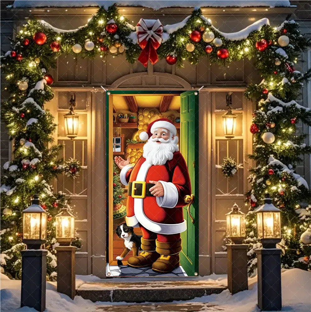 Christmas Theme Santa And Elk Backdrops Snowman Hanging Door Banner Indoor Outdoor Veranda Xmas Curtain Cover Festive Supplies