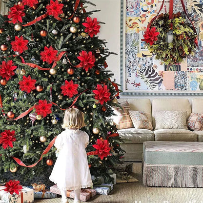 Glitter Artificial Flowers for Christmas Tree, Xmas Ornaments, Pink, Red, Gold, Home Decoration, 14.5cm