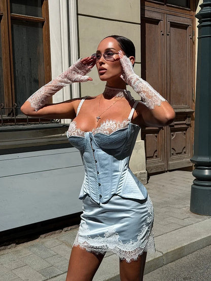 Sexy Women's Skirt Matching Set Lace Patchwork Corset Spaghetti Strap Top Slim Fit Bodycon Mini Skirts Suit Elegant Party Outfit
