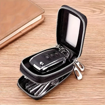 High-End Double Layer Zipper Car Key Holder Leather Key Case Large Capacity Universal Men Women Key Pouch with Keychain