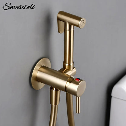Brushed Rose Gold Bidet Sprayer Faucet Bathroom Mixer Wall Mounted Hot Cold Water With Hose Smesiteli