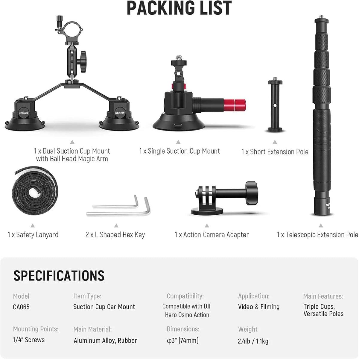 NEEWER Triple Suction Cup Car Mount Kit with Action Camera Adapter,2in1 Extension Pole Selfie Stick For GoPro Insta360 CA065