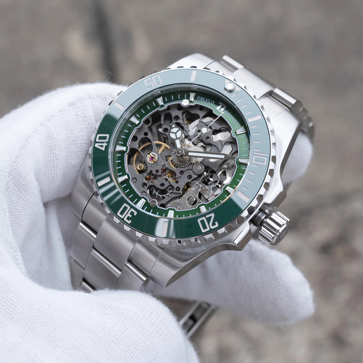 OBLVLO Men's Luxury Green Skeleton Dial Diving Watch Stainless Steel Luminous Waterproof Automatic Mechanical RX-DK Top Brand