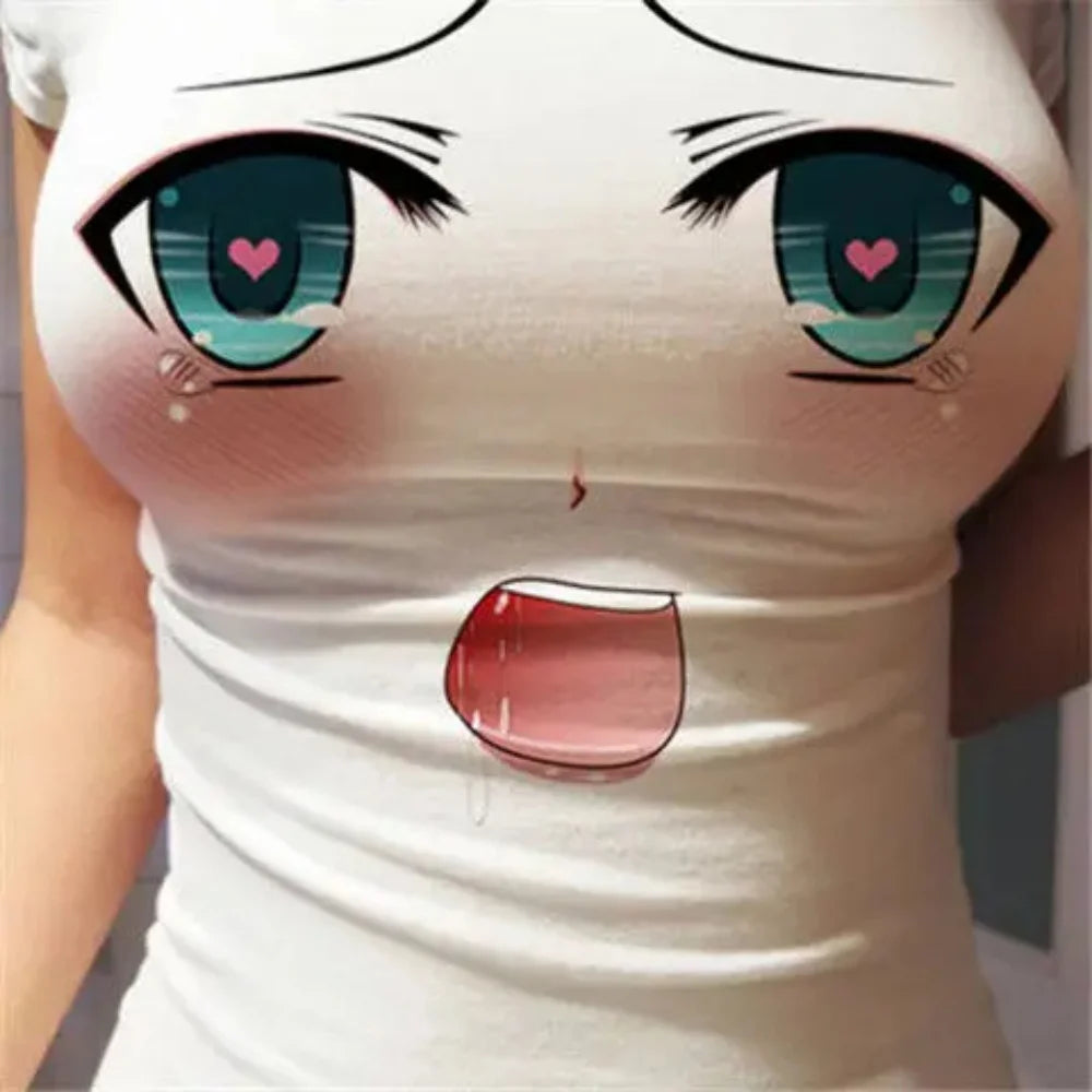 Funny Women T-shirt 3D Eyes Printed T-shirt Summer New Sexy Anime Cartoon Cute Expression Straight Short Sleeve Ladies Slim Tops