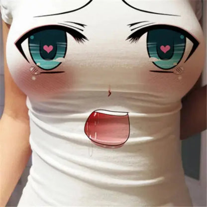 Funny Women T-shirt 3D Eyes Printed T-shirt Summer New Sexy Anime Cartoon Cute Expression Straight Short Sleeve Ladies Slim Tops